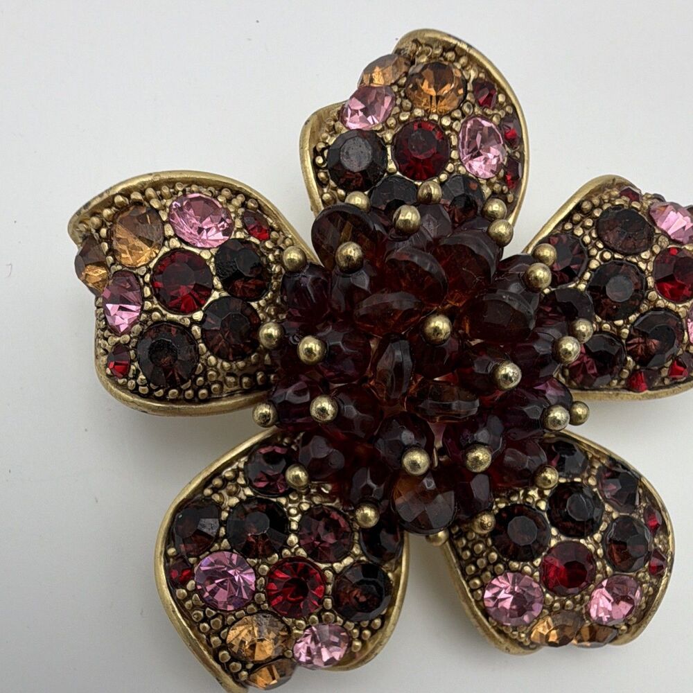 Gold Tone Pink & Red Rhinestone Flower Brooch Pin - Picture 3 of 4